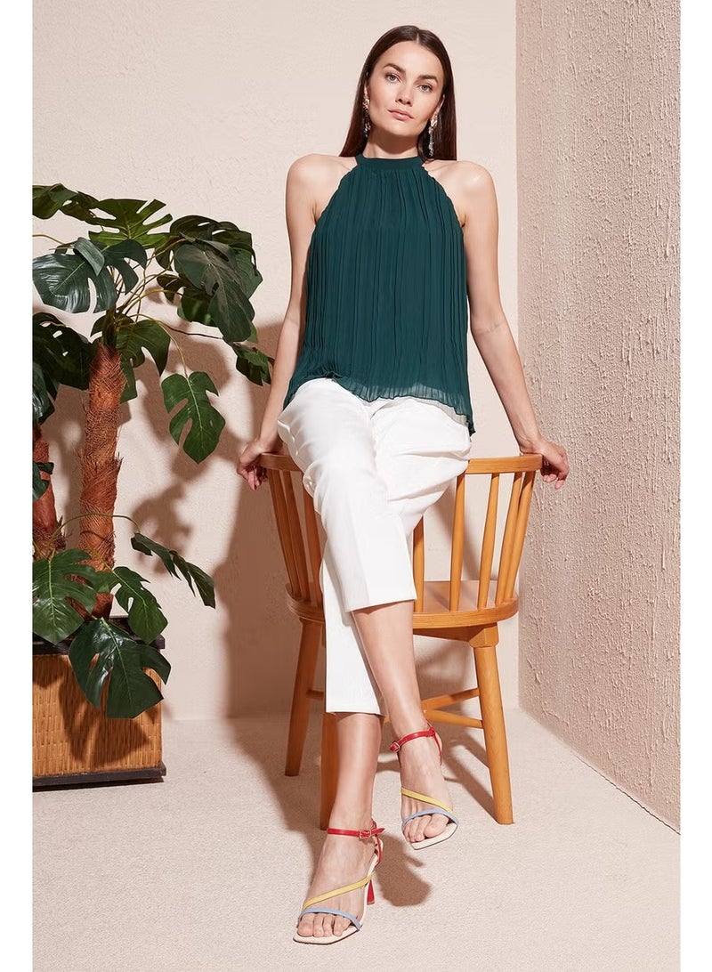 Lela Halter Neck Sleeveless Pleated Women's Blouse 611BZ0220 - Image 1